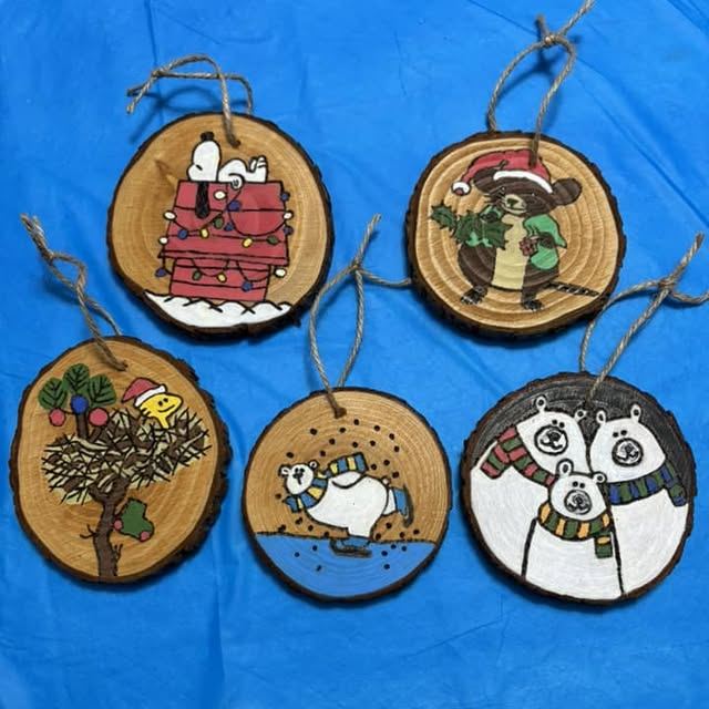Hand-painted wood-burned ornaments